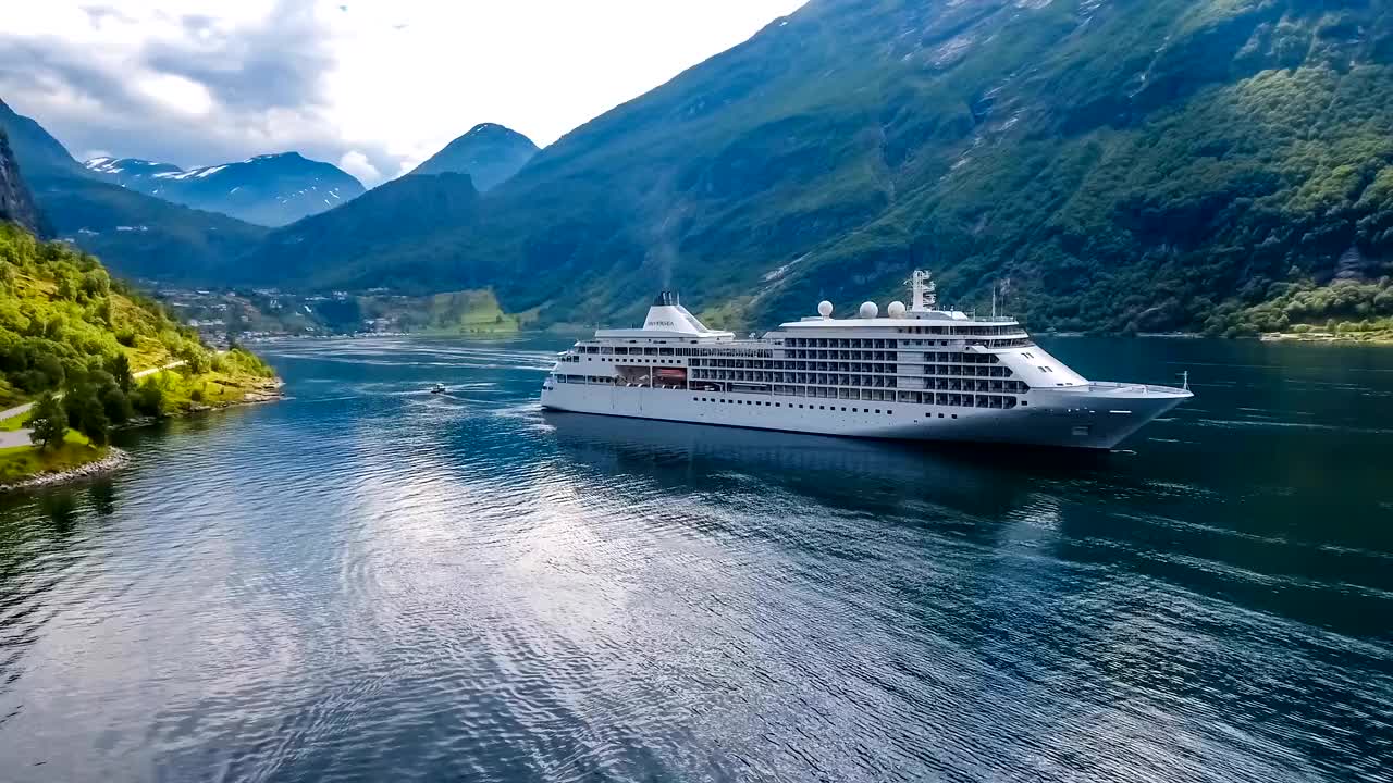 挪威盖兰格峡湾上的邮轮视频素材