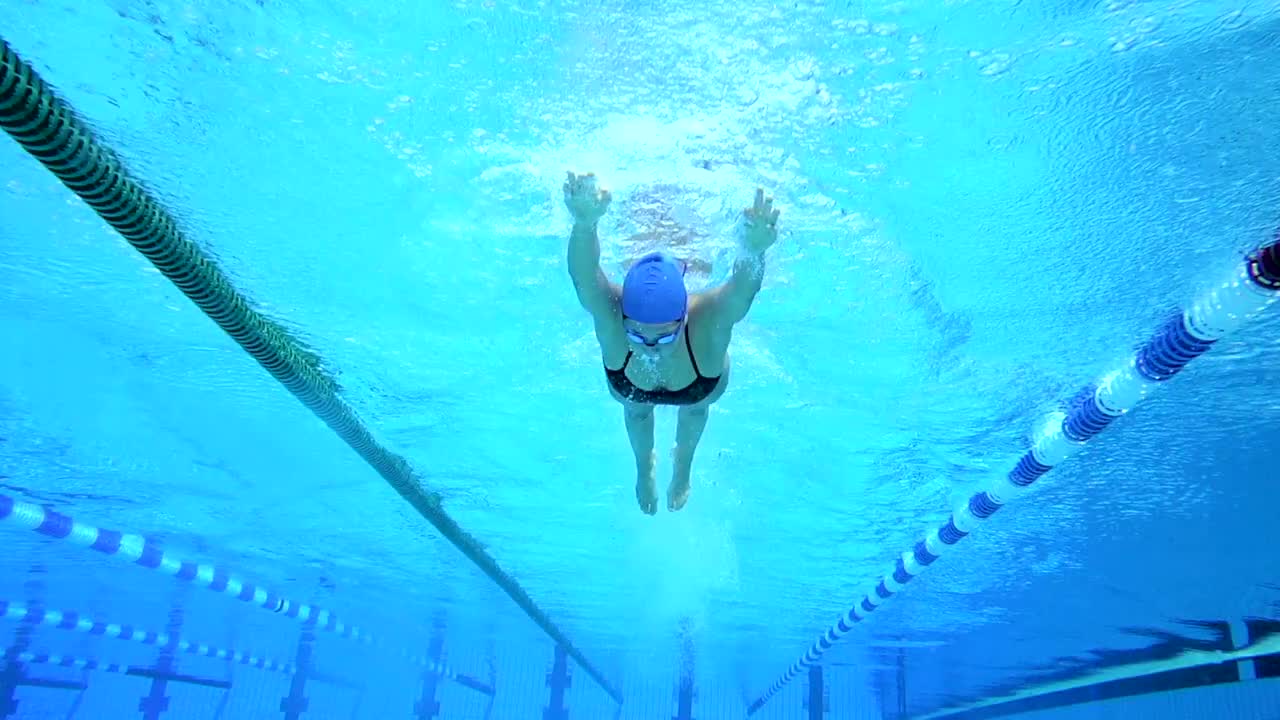 高清运动效果:年轻女子游泳蝶泳视频素材