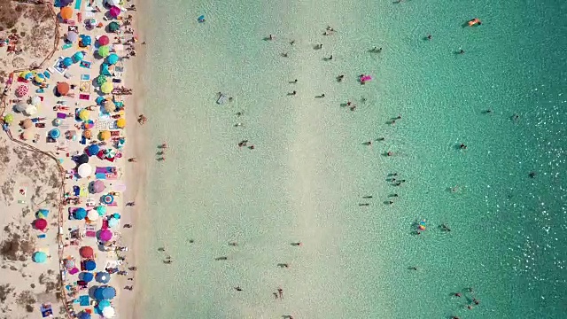 鸟瞰图的白色沙滩充满了彩色沙滩伞和放松的人们游泳在一个清澈的大海。视频下载