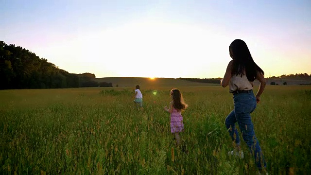 夏天，母亲带着孩子在田野里奔跑的剪影，家庭观念视频素材
