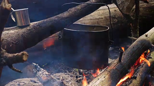 森林里的篝火上烧水壶视频素材