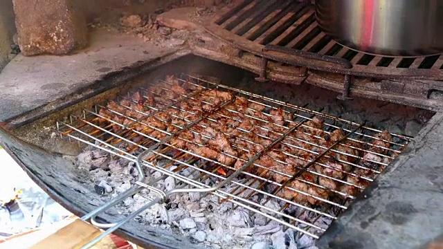 烧烤用小牛肉和鸡肉，土耳其羊肉串，烧烤用小牛肉肉串，土耳其垃圾串，视频下载