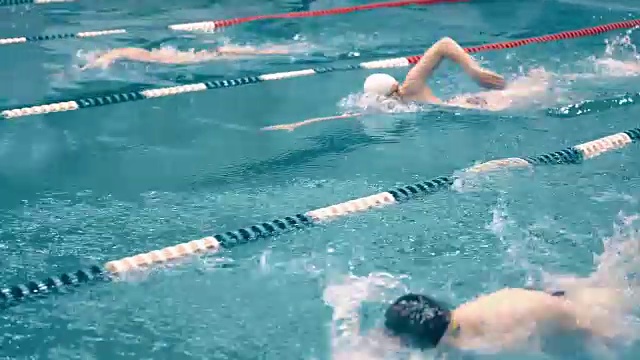 高角度三名游泳运动员在游泳池跟踪射击比赛视频素材