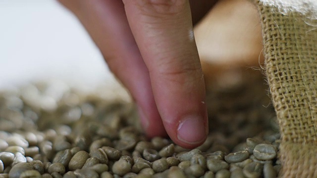 一只手的特写，触摸一把咖啡豆的味道和稠度。上等的咖啡还在热气腾腾。视频下载