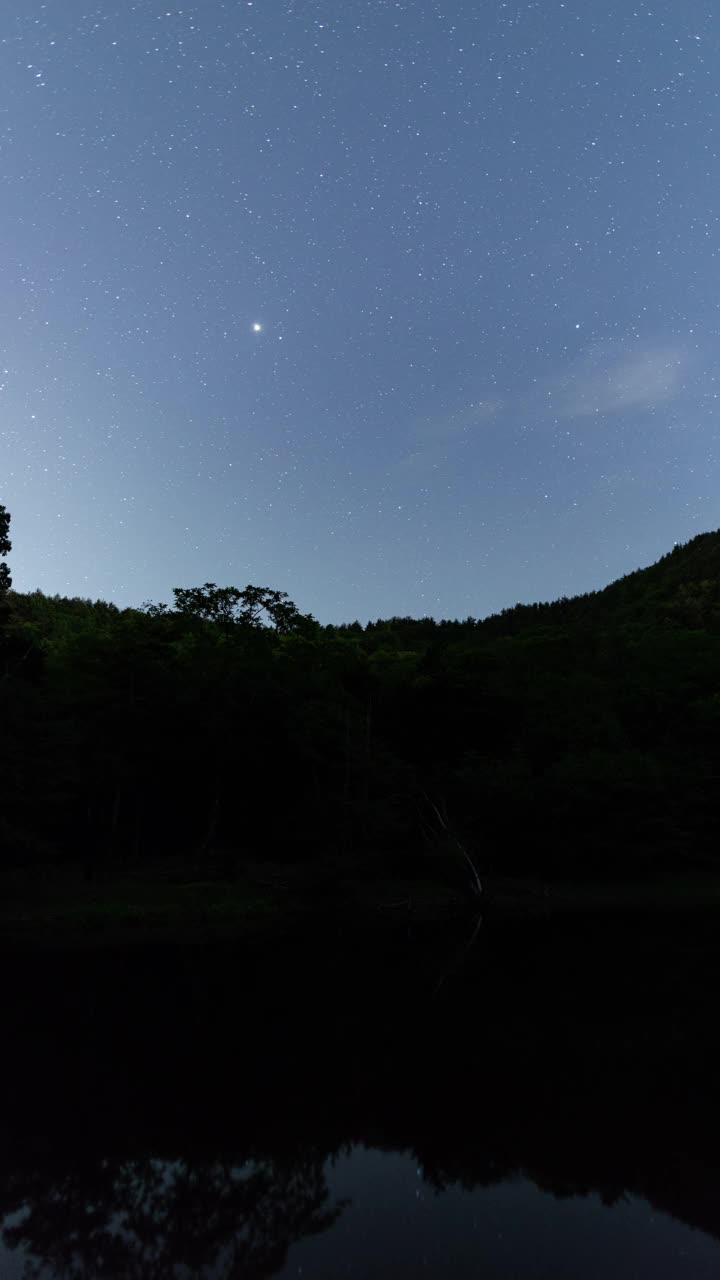 银河在夜空中转动，越过山脉中的一个池塘视频素材