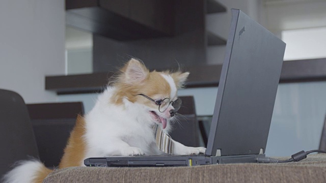 吉娃娃狗玩笔记本电脑视频素材