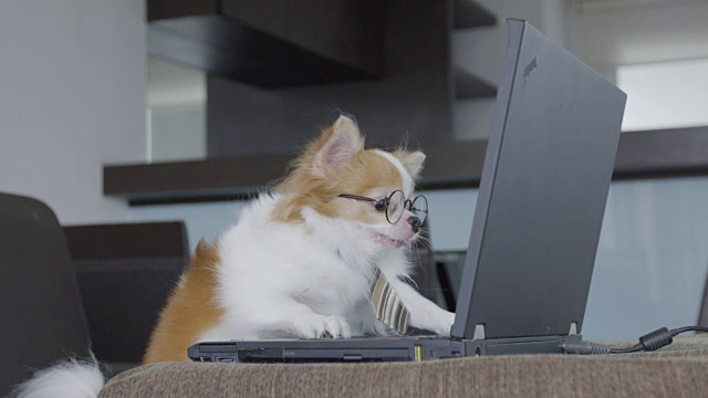 吉娃娃狗在用笔记本电脑视频素材