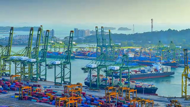4K延时视频集装箱货轮与工作起重机装载桥在新加坡港视频素材
