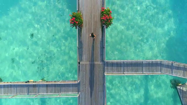 一名女子在波拉波拉热带岛屿的水上平房之间行走的无人机照片。视频下载