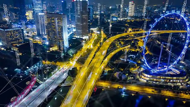 鸟瞰新加坡现代城市及通讯网络，智慧城市。物联网。信息通信网络。传感器网络。智能电网。概念抽象。视频素材