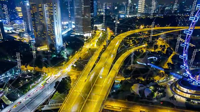 鸟瞰新加坡现代城市及通讯网络，智慧城市。物联网。信息通信网络。传感器网络。智能电网。概念抽象。视频下载