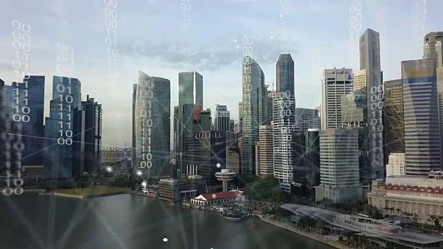 鸟瞰新加坡现代城市及通讯网络，智慧城市。物联网。信息通信网络。传感器网络。智能电网。概念抽象。视频素材