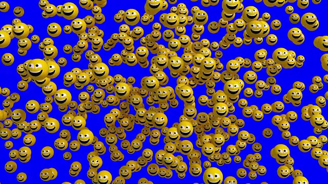 4 k。3D面部图标爆炸。表情符号以惊恐的表情出现，环顾四周，冷静并微笑。蓝色屏幕。视频素材
