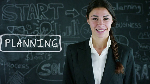 未来主义的肖像，一个美丽的商业女孩(学生)作出选择的成功在一个黑板的背景。视频素材