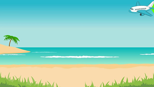 动画热带景观-海滩，大海，海浪，棕榈树。飞机和绿屏视频下载