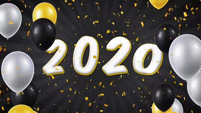 新年快乐2020文字出现在五彩纸屑爆炸下降和闪光粒子，彩色飞行气球无缝循环动画。视频素材