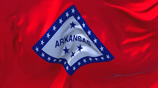 阿肯色州国旗迎风飘扬的慢动作动画。4K逼真的织物纹理旗帜平稳吹在一个刮风的日子连续无缝循环背景。视频下载