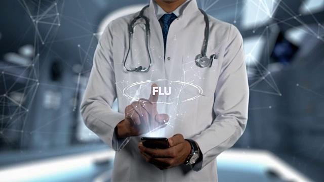 流感-男性医生用手机打开和触摸全息疾病字视频下载
