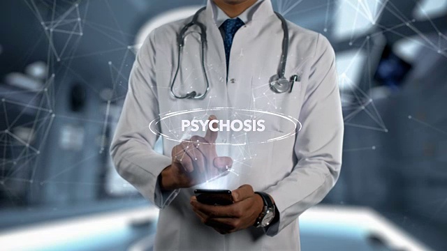 精神病-男性医生用手机打开和触摸全息疾病字视频下载