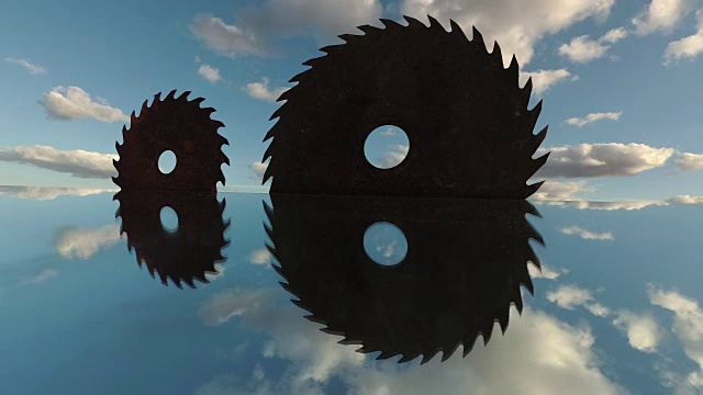 两个生锈的圆锯在镜子和云，时间流逝视频下载