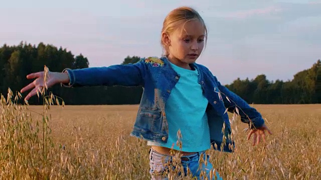 快乐的少女在燕麦场跳舞。少女走在麦田里视频素材