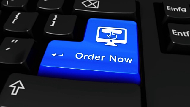 Order Now Moving Motion On Blue Enter Button On Modern Computer Keyboard with Text and icon Labeled.在现代计算机键盘上输入文本和图标。选择焦点键是按下动画。视频下载