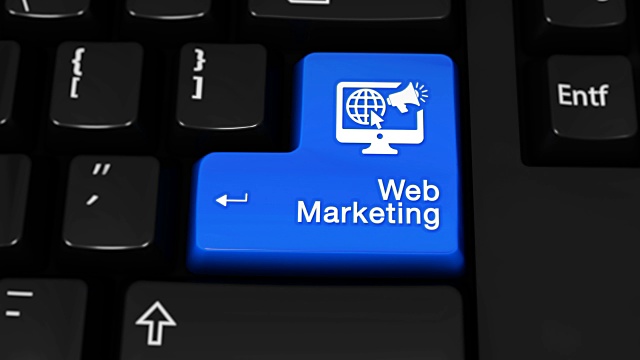 网络营销旋转运动的蓝色进入按钮上的现代计算机键盘与文本和图标标签。选择焦点键是按下动画。市场营销观念视频素材