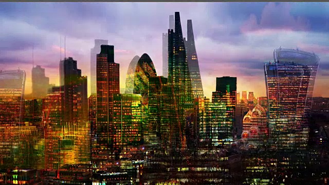 伦敦城的夜景。多曝光图像包括日落时分的伦敦金融咏叹调视频素材