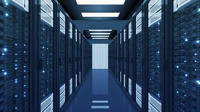 美丽的蓝色数据中心服务器室。数据中心计算机行、服务器、机架无缝闪烁的三维动画。数字技术的概念。视频素材
