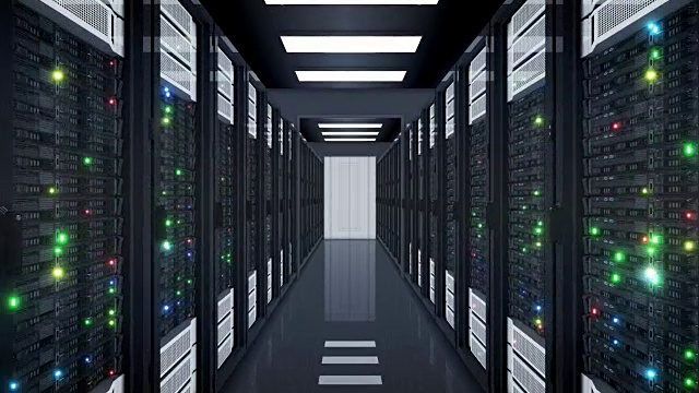 美丽的无缝服务器机架通过数据中心的开放的门。循环3d动画与闪烁的电脑灯。大数据云技术概念。视频素材