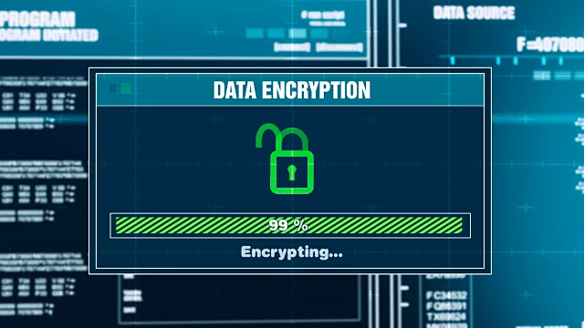 数据加密进度警告信息数据保护提醒计算机屏幕输入系统登录和密码。授予系统安全，网络犯罪，计算机黑客概念视频素材