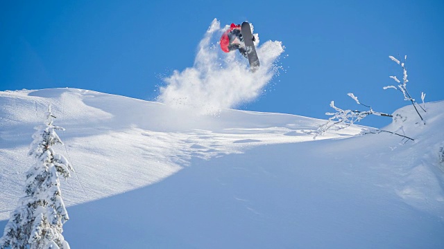 在阳光明媚的冬日滑雪板运动员表演特技视频素材