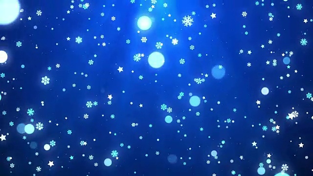 蓝色的圣诞雪花，星星和灯光射线背景环视频素材