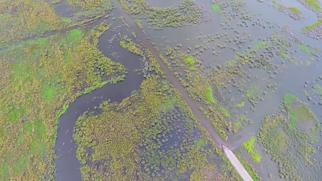 鸟瞰图的农村街道覆盖水，道路通过淹没的田野视频素材