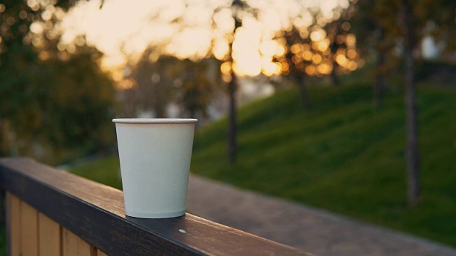 男人的手与一杯热咖啡在日落公园的背景。视频素材