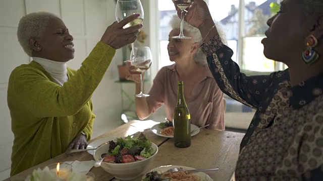 三个女人在餐桌上敬酒庆祝视频素材