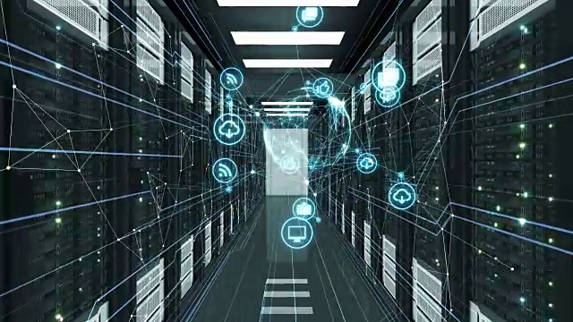 网络连接的蓝色媒体图标在服务器室飞行。循环3d动画的数据中心。数字媒体和未来技术概念。视频素材