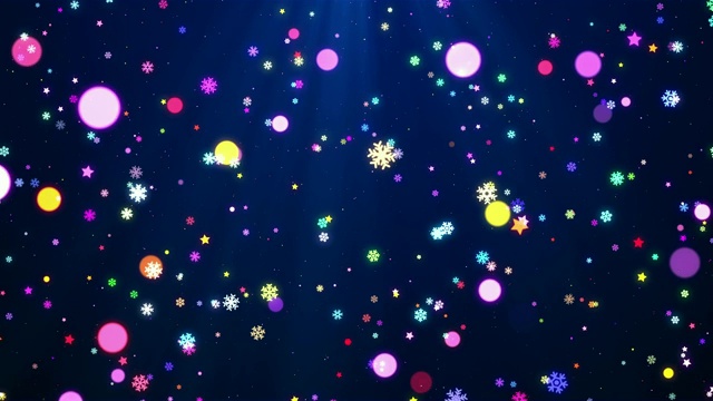 五彩缤纷的圣诞雪花，星星和灯光在蓝色的背景上打圈视频素材