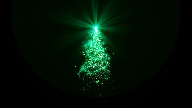 圣诞树用绿色闪亮的灯，落下的雪花和星星圈在黑色的背景装饰或覆盖视频素材
