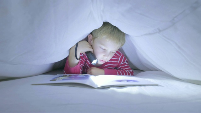 一个白人男孩在羽绒被下用手电筒读故事书视频素材