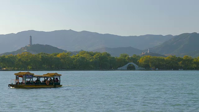 在昆明湖上游船，颐和园，联合国教科文组织世界遗产，北京，中国视频素材