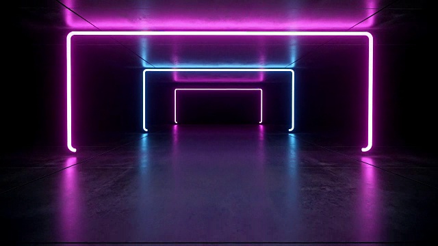 未来科幻黑暗空房间与蓝色和紫色霓虹灯发光线管在垃圾混凝土地板与反射3D渲染动画视频下载