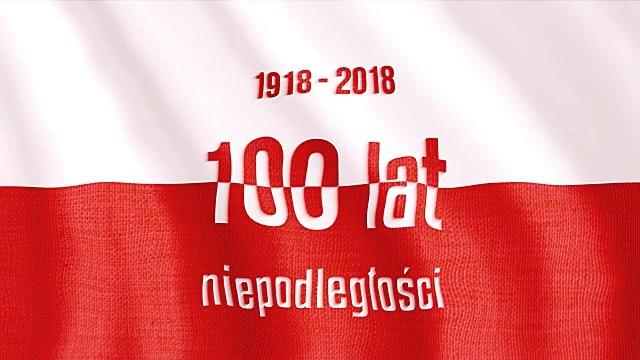 波兰国旗上有波兰独立100周年的题词。红白旗视频下载