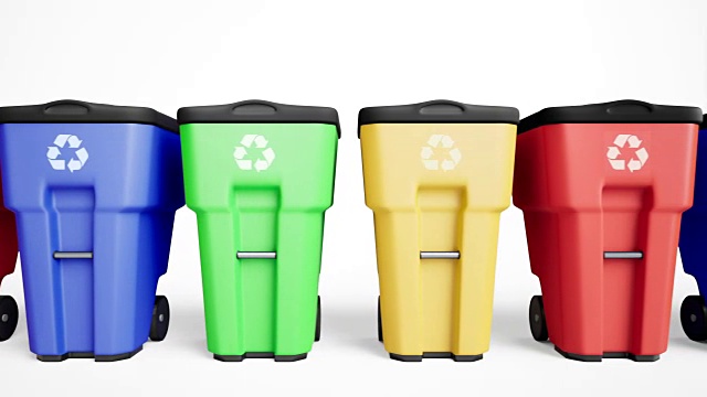 彩色塑料垃圾桶排成一排。视频下载