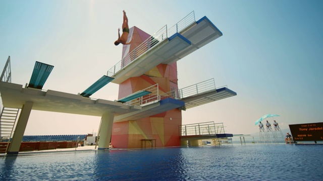 在一场比赛中，男子跳水运动员从跳板上跳下来，在空中旋转，然后跳水入池视频下载