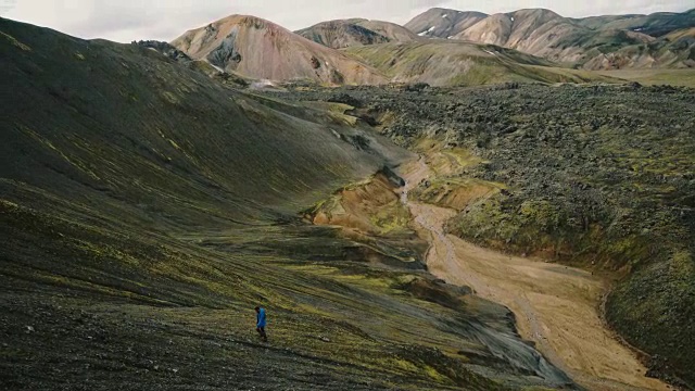 一名男子在冰岛Landmannalaugar山附近徒步旅行视频素材