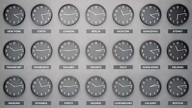 世界各地的许多圆钟都在运行，显示不同城市的不同时间。视频下载