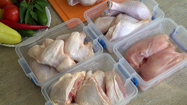 各种不同类型的鸡肉在冰箱或冰柜视频下载