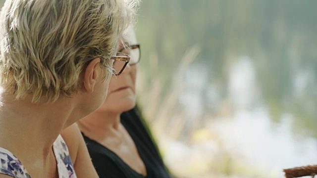老年妇女在瑞典森林野餐视频下载