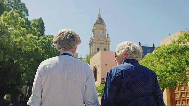 一对老年夫妇夏天在城市里散步视频素材